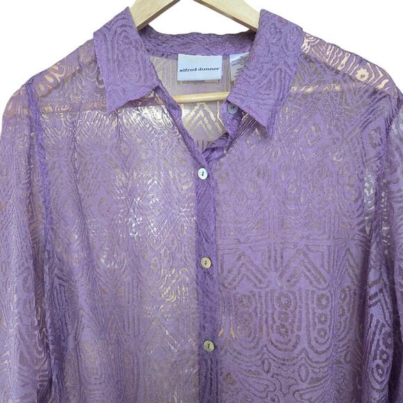 Women's Vintage Sheer Textured Button-Up Blouse Size 14 Purple Artsy Boho Hippie - Picture 3 of 10